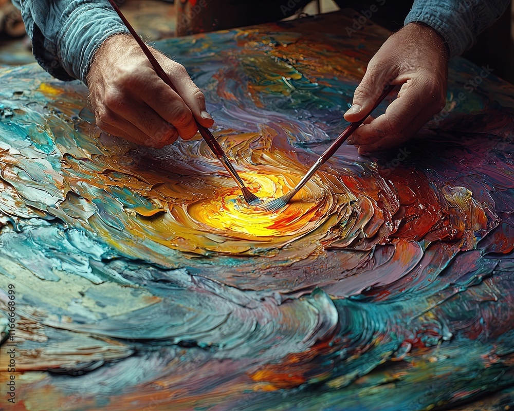 Obraz premium A close-up of hands painting a vibrant, swirling abstract artwork with bold colors.