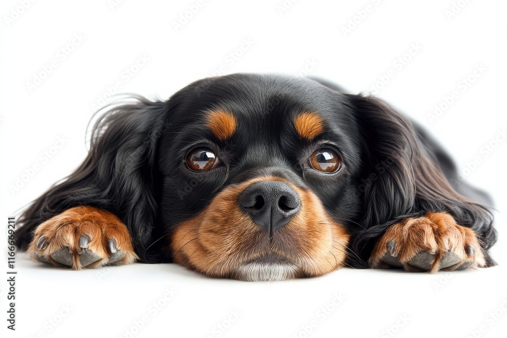 Dog resting comfortably with a relaxed expression on a plain background during a calm moment Dog resting comfortably with a relaxed expression on a plain background during a calm moment