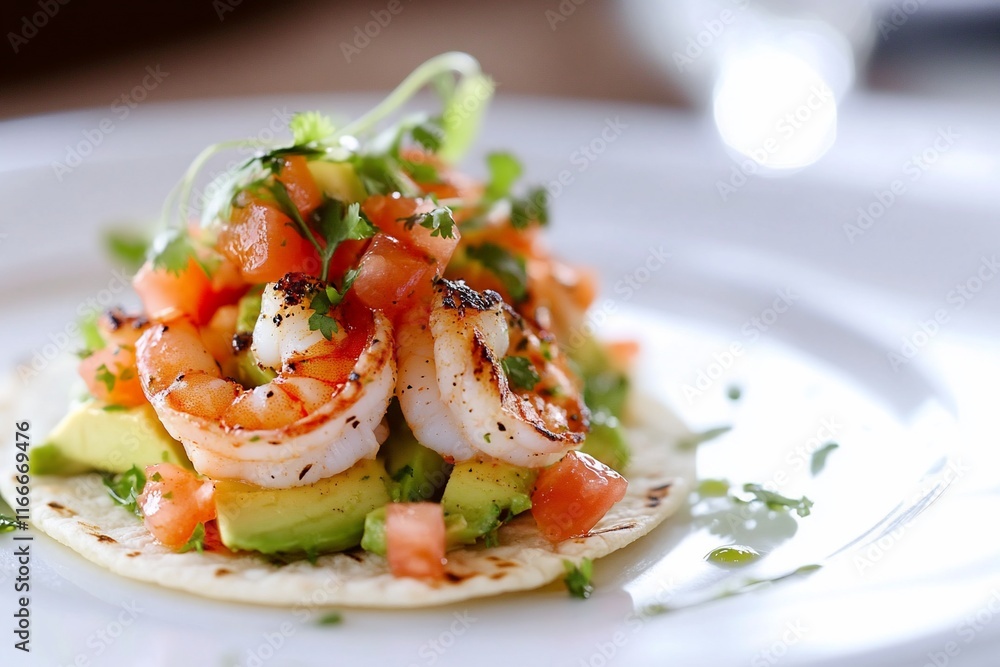 Grilled shrimp taco with avocado, pico de gallo, and cilantro on a corn tortilla. Grilled shrimp taco with avocado, pico de gallo, and cilantro on a corn tortilla.