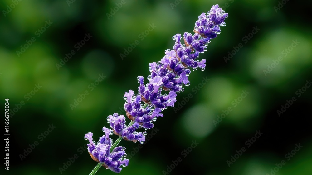A single, perfect lavender flower in close up, with soft morning dew clinging to its petals against a blurred green background. A single, perfect lavender flower in close up, with soft morning dew clinging to its petals against a blurred green background.