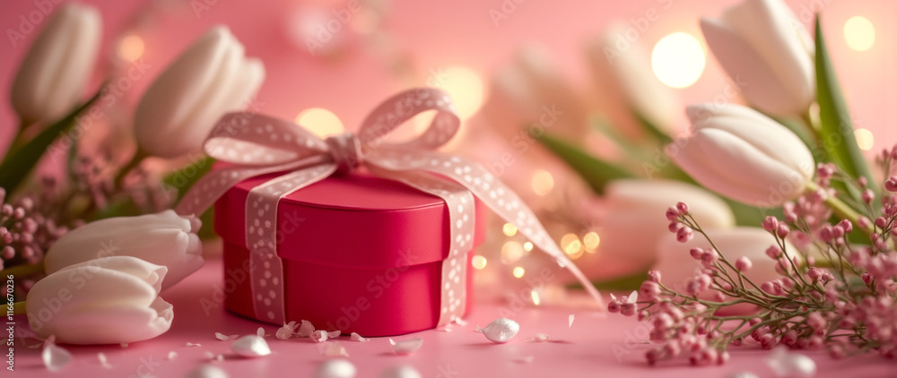 heart-shaped gift box with white tulips pink flowers heart-shaped gift box with white tulips pink flowers