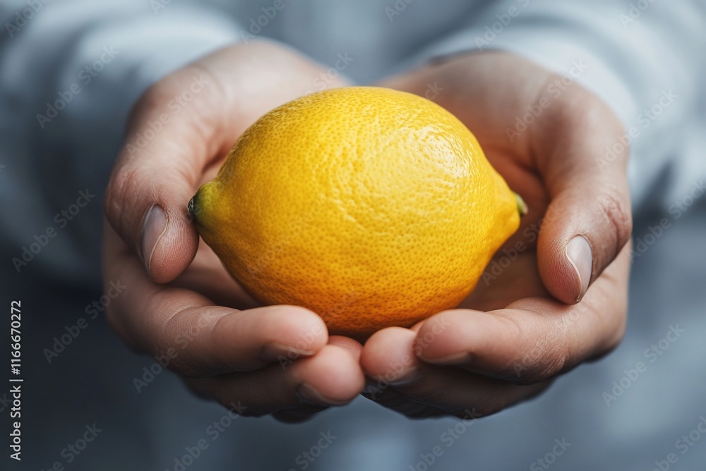 Close-up of hands gently holding a ripe, yellow lemon. Close-up of hands gently holding a ripe, yellow lemon.