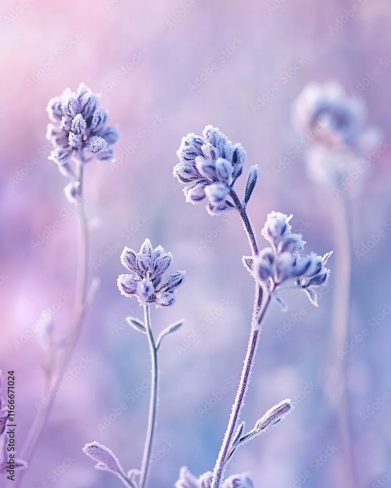 Frost-covered wildflowers in pastel hues, delicate stems and buds. Frost-covered wildflowers in pastel hues, delicate stems and buds.