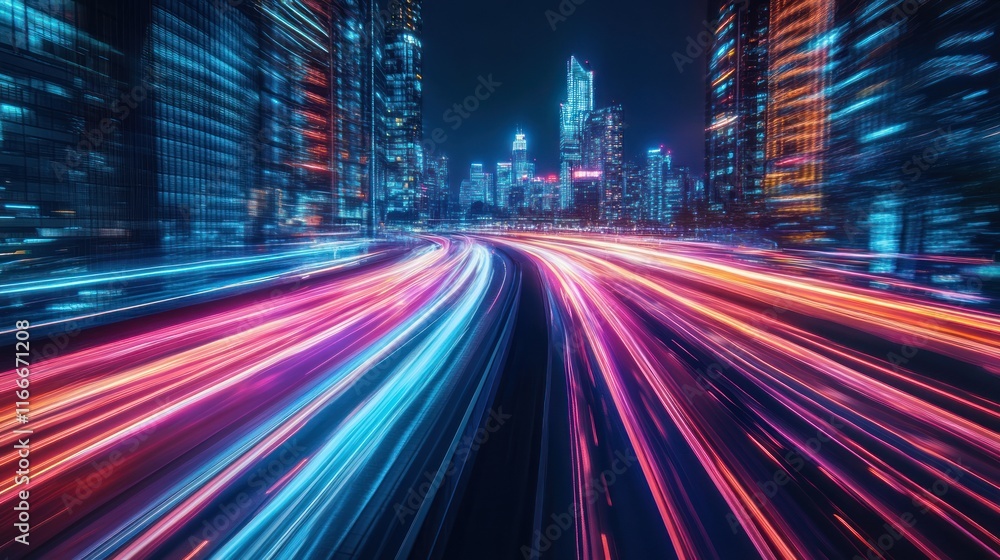 A dynamic night cityscape with vibrant light trails from moving vehicles. A dynamic night cityscape with vibrant light trails from moving vehicles.