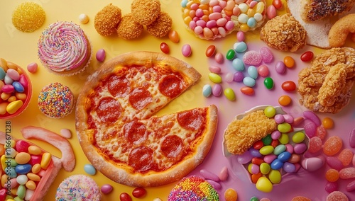 Unhealthy food choices pizza, candy, chicken nuggets, and cupcakes on a yellow and pink background. photo