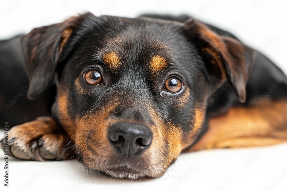 Close-up of a relaxed dog with soulful eyes lying down on a light background Close-up of a relaxed dog with soulful eyes lying down on a light background