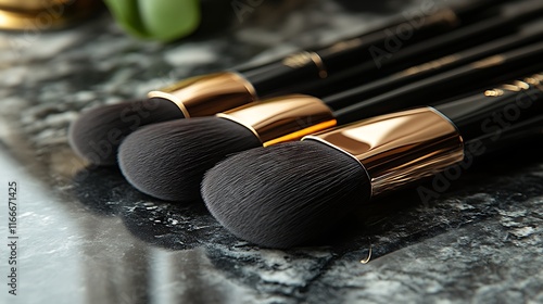 Close-up of three black and gold makeup brushes on a dark surface. photo