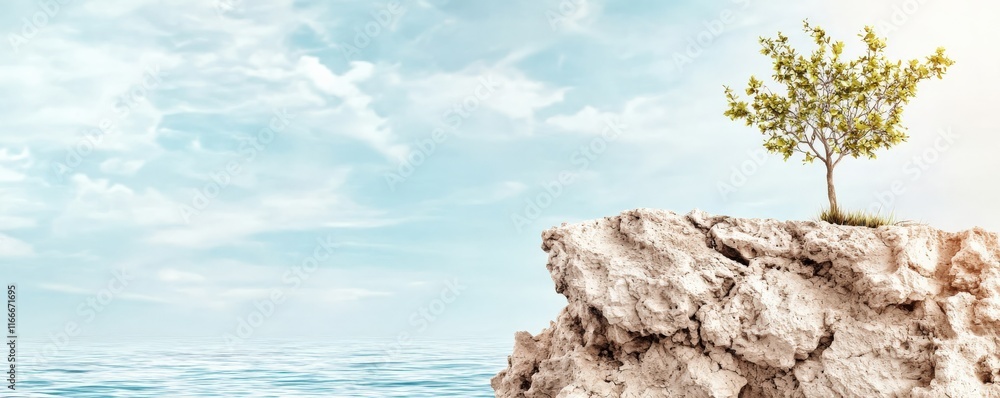 goal of life balance passion concept. A solitary tree grows on a rocky cliff by a calm sea under a clear blue sky. goal of life balance passion concept. A solitary tree grows on a rocky cliff by a calm sea under a clear blue sky.