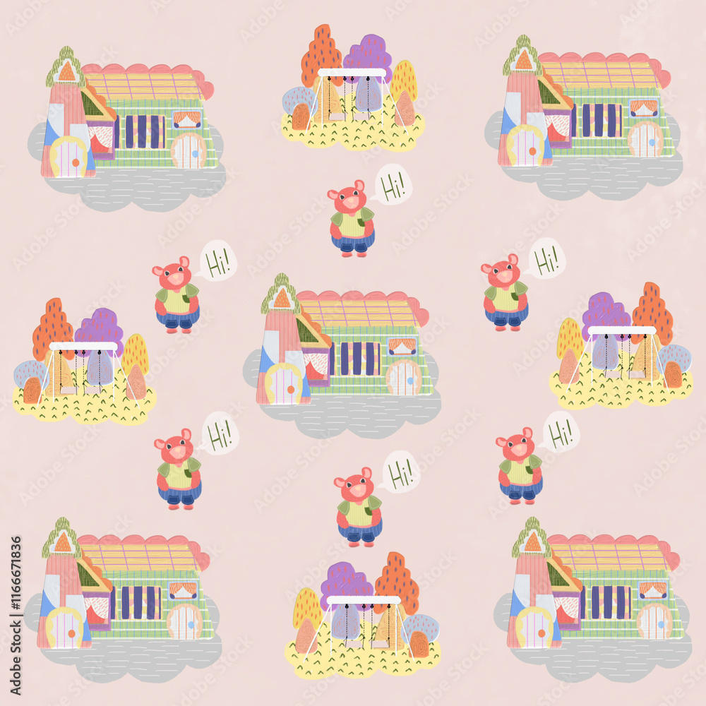 pattern teddy bear character housing with playground pattern teddy bear character housing with playground