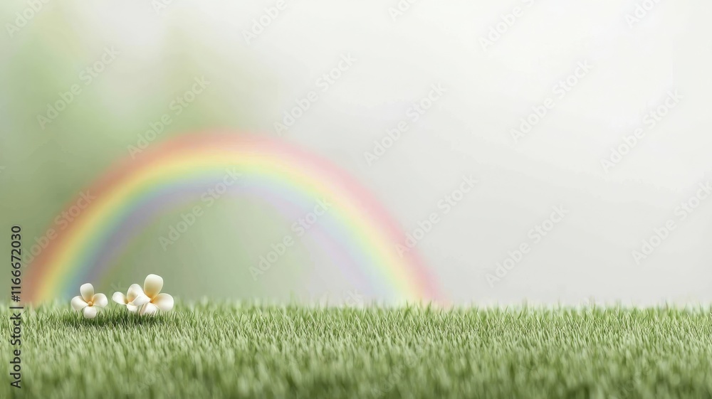 Fototapeta premium goal of life balance passion concept. A vibrant rainbow arches over a serene grassy field with delicate flowers in soft focus.