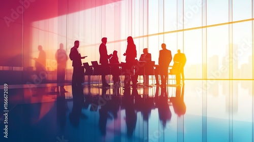 Silhouetted Business Professionals Networking at a Vibrant Corporate Event