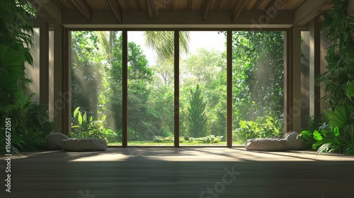 Tranquil Biophilic Design Living Room with Garden View - 3D Rendered Contemporary Interior with Natural Elements and Greenery for Serene Ambiance