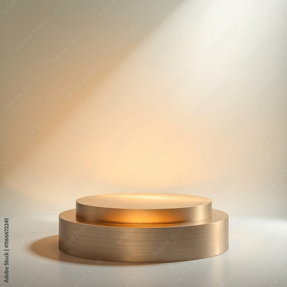 two golden cylindrical platforms on a light beige background two golden cylindrical platforms on a light beige background