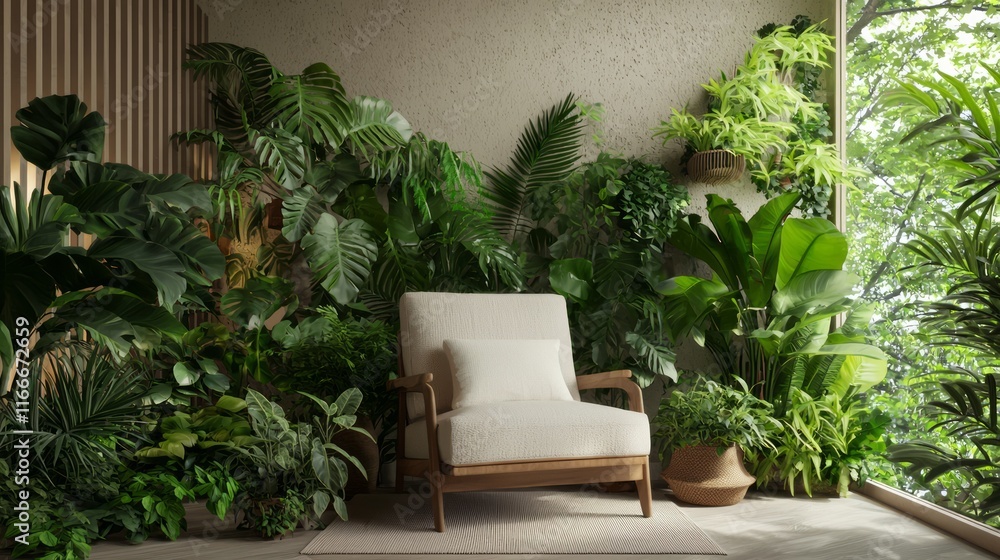 Serene Biophilic Design Reading Nook with Lush Houseplants and Soft Lighting - 3D Render Illustration Serene Biophilic Design Reading Nook with Lush Houseplants and Soft Lighting - 3D Render Illustration