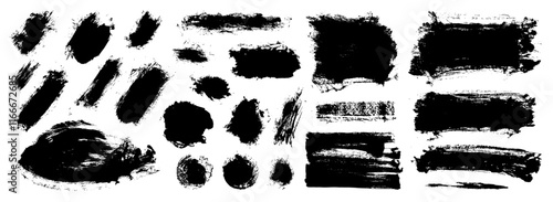 Black paint brush strokes set. Vector abstract ink background. Isolated straight and arched grungy splash underlines. Hand-drawn round and square shape elements. Punk style scratch texture lines bg