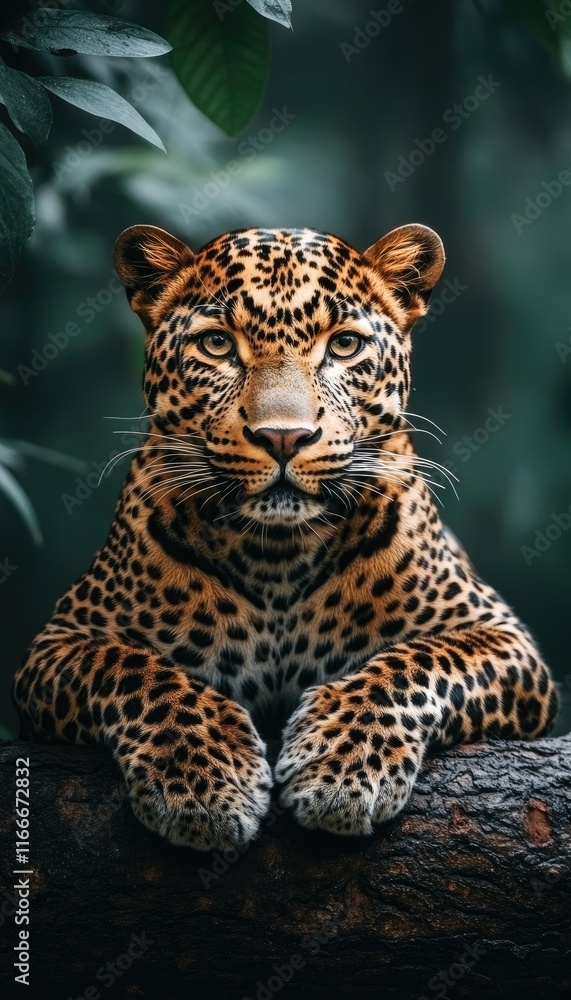 Fototapeta premium A close-up of a leopard resting on a log, showcasing its striking fur and intense gaze.