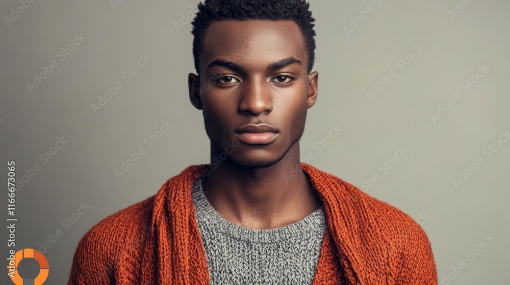 Fototapeta premium Portrait of stylish young african man model wearing knitted cardigan isolated on gray background