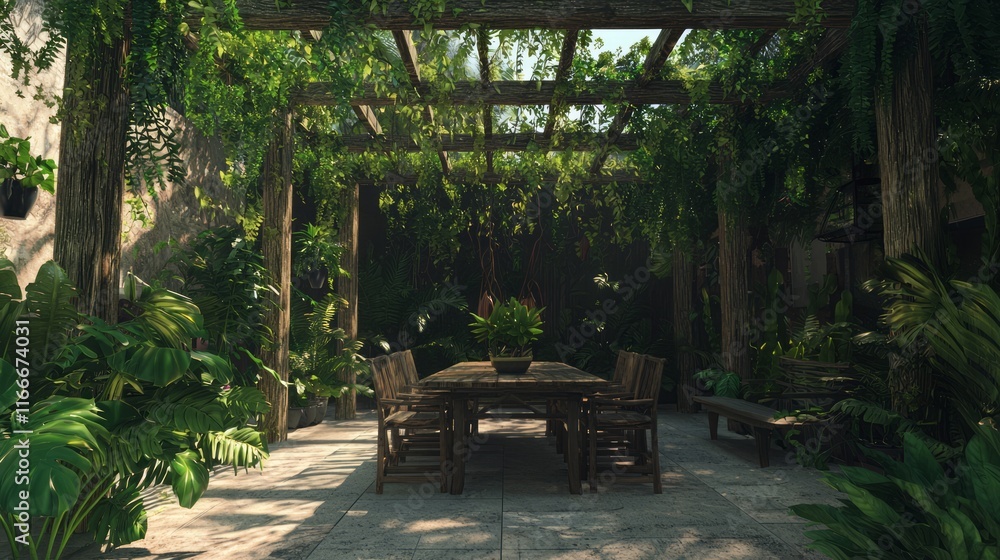 Serene Biophilic Design Outdoor Dining Area with Lush Gardens and Rustic Decor 3D Render Illustration Serene Biophilic Design Outdoor Dining Area with Lush Gardens and Rustic Decor 3D Render Illustration