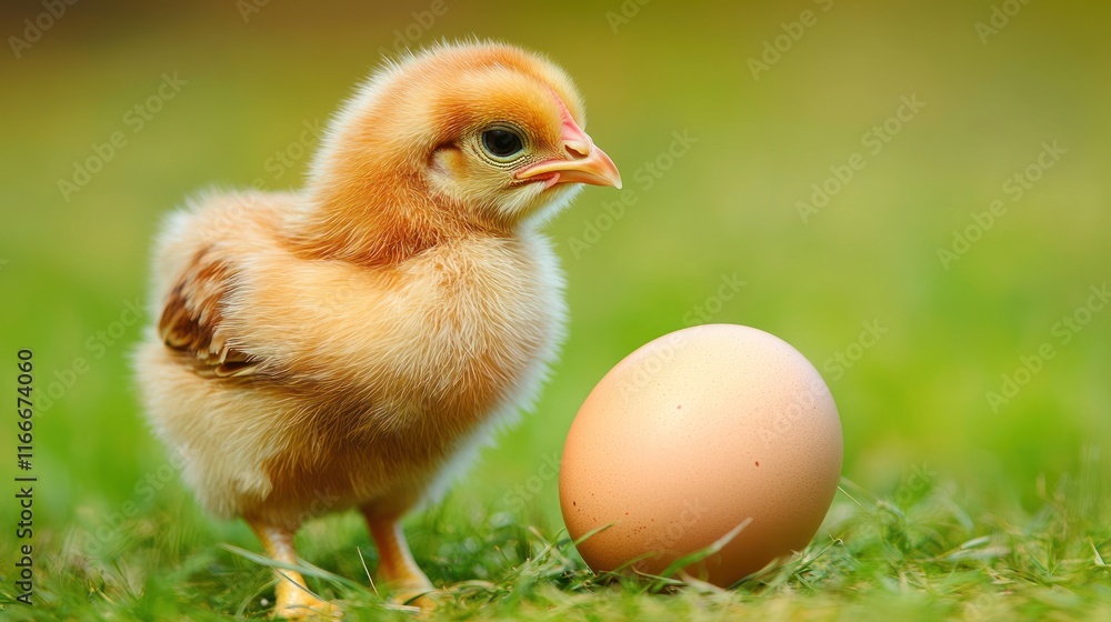 A fluffy chick stands beside a brown egg on green grass, symbolizing new life. A fluffy chick stands beside a brown egg on green grass, symbolizing new life.