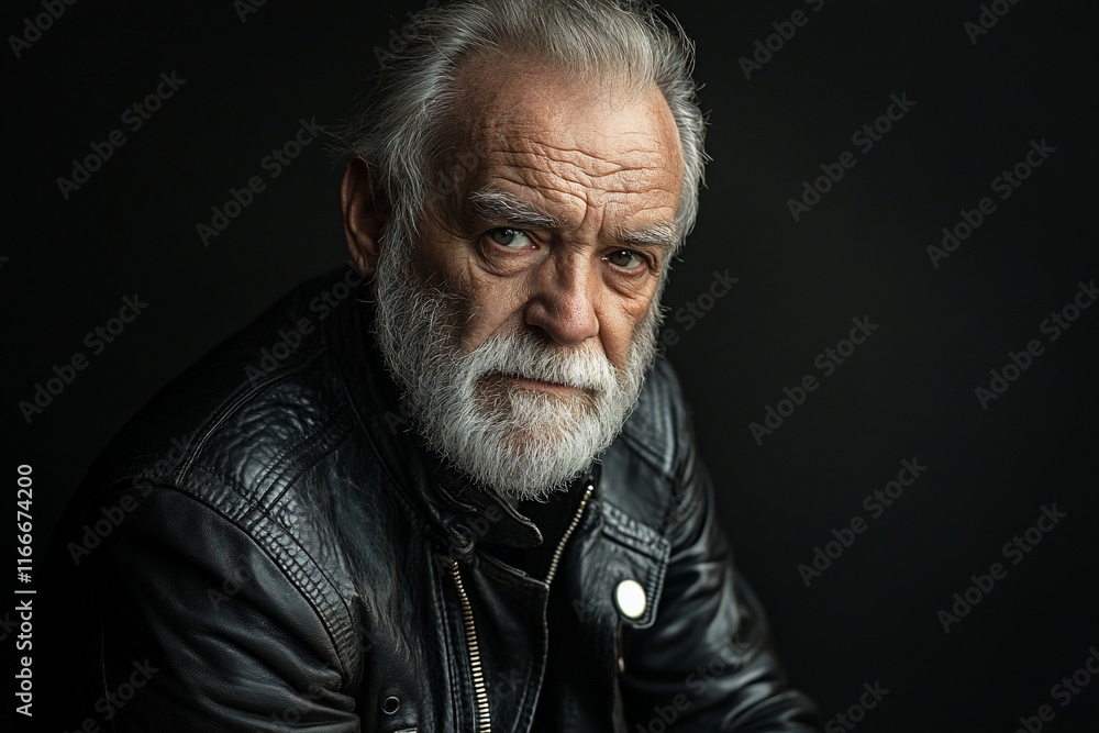 Close-up portrait of a serious senior man with gray hair and beard wearing a black leather jacket against a dark background. Close-up portrait of a serious senior man with gray hair and beard wearing a black leather jacket against a dark background.
