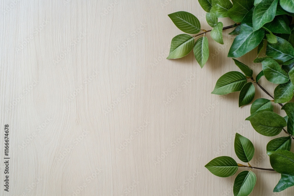 Green leaves on light wood background, top view. Green leaves on light wood background, top view.