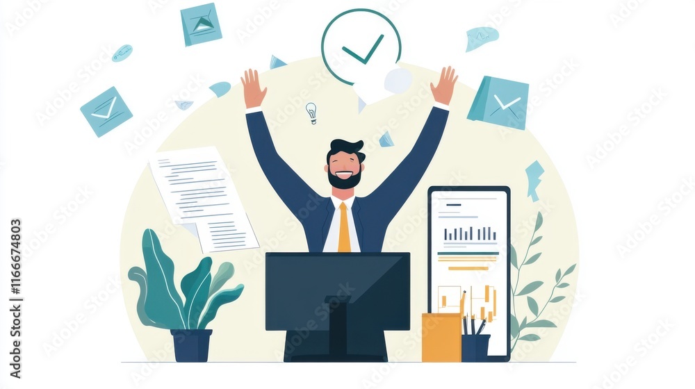 Celebrating Success Achieving Business Goals Happy Businessman Rejoicing Over Completed Tasks and Projects Celebrating Success Achieving Business Goals Happy Businessman Rejoicing Over Completed Tasks and Projects