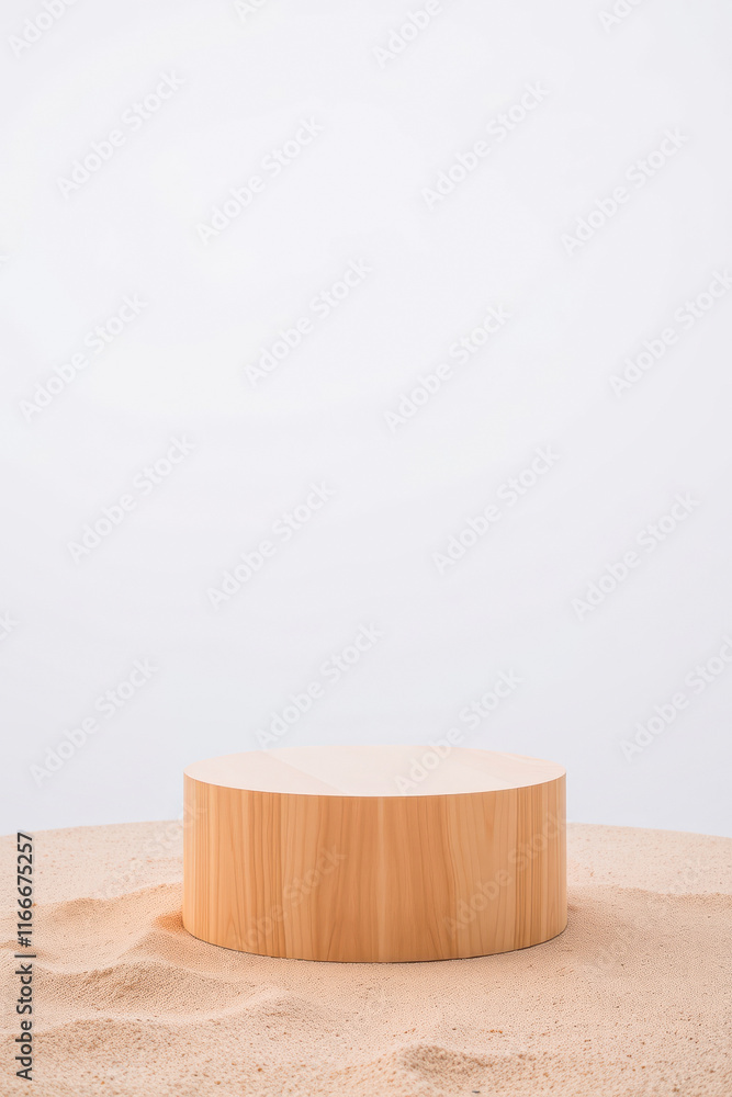 cylindrical wooden pedestal rests on a sandy surface cylindrical wooden pedestal rests on a sandy surface