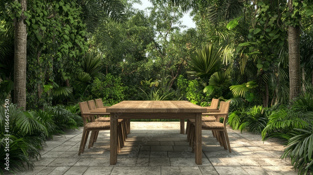 Serene Biophilic Design Outdoor Dining Area with Rustic Charm in Lush Garden Setting - 3D Render Illustration Serene Biophilic Design Outdoor Dining Area with Rustic Charm in Lush Garden Setting - 3D Render Illustration