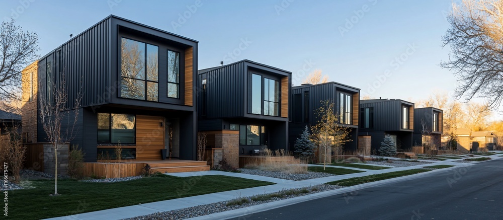 Modern row houses on a tree-lined street at sunset. Modern row houses on a tree-lined street at sunset.