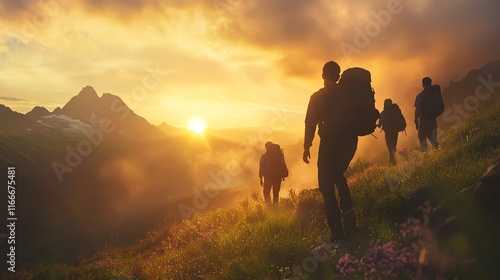 Group of Hikers Trekking Through Scenic Mountain Landscape with Wildflowers