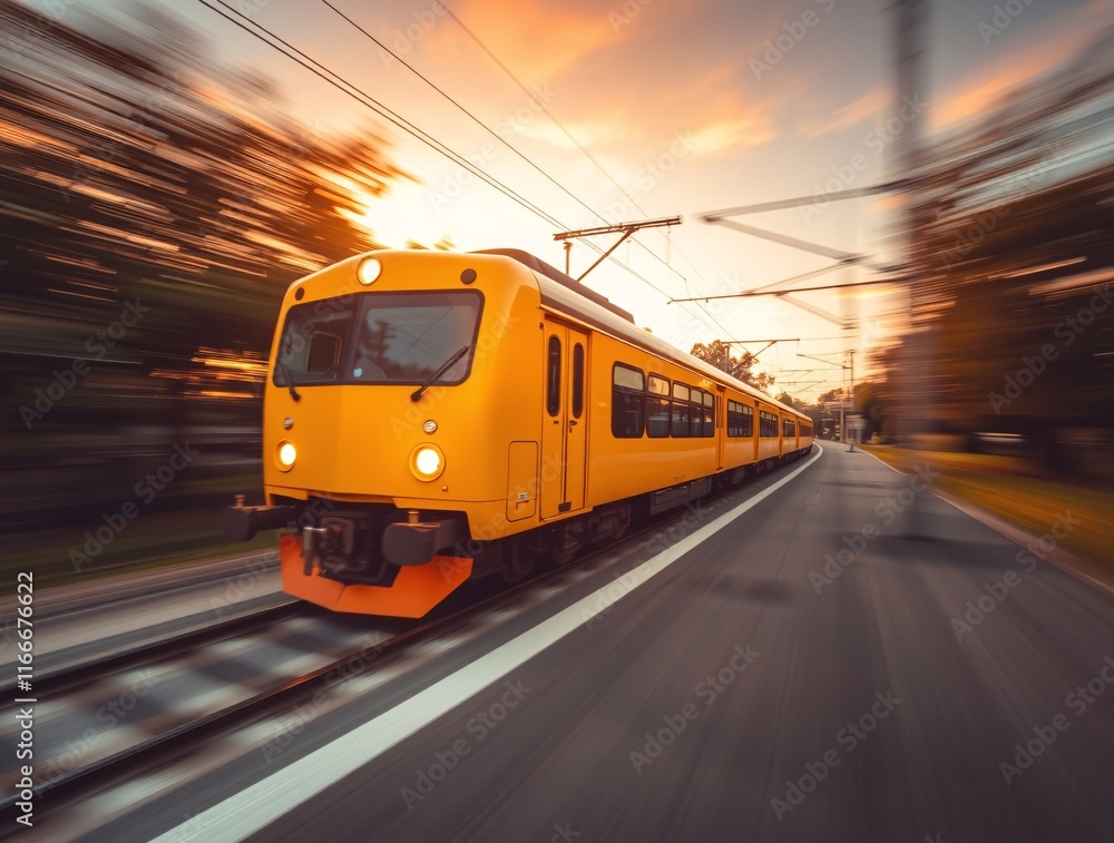 Fototapeta premium Moving bright yellow train captured in dynamic motion. The setting sun casts a warm glow onto the scene