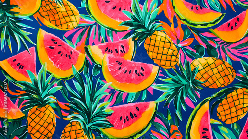 Bold summer fruit design featuring vibrant sliced watermelons and pineapples, surrounded by tropical leaves, creating lively and colorful atmosphere