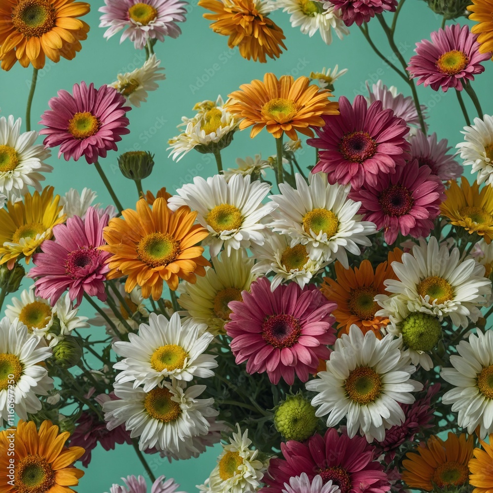 A bouquet of colorful daisies with a light green background. A bouquet of colorful daisies with a light green background.