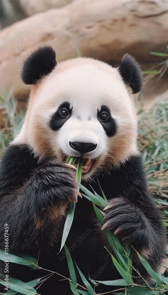 A panda munching on bamboo in a natural setting.