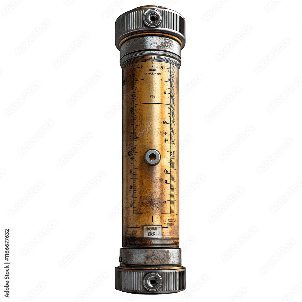 Naklejka premium A metallic cylindrical gauge with measurement markings for reading.