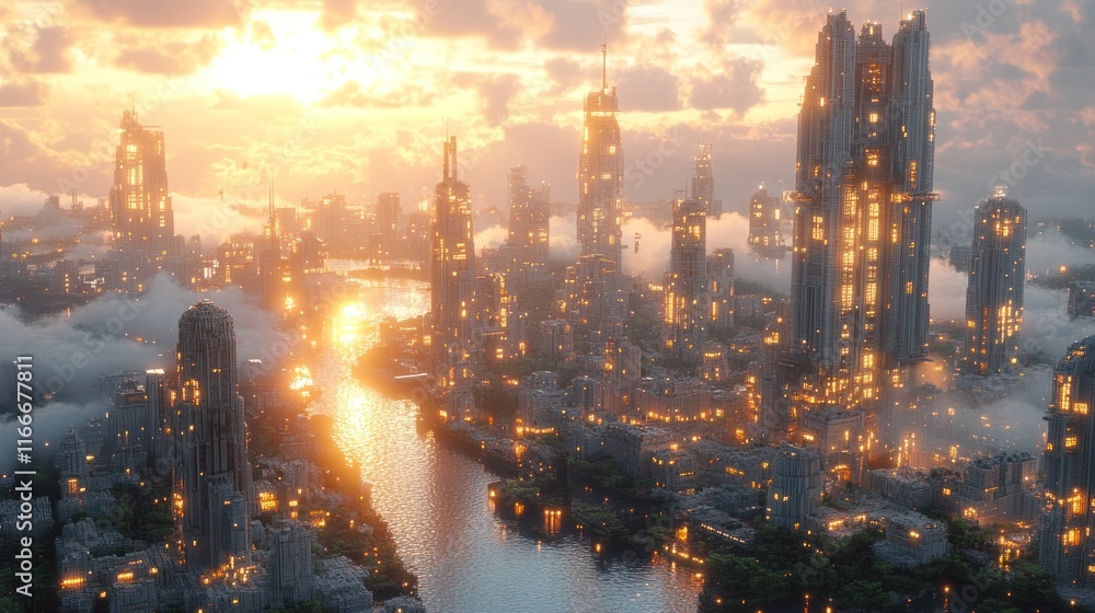 Fototapeta premium A futuristic cityscape at sunset, with glowing skyscrapers and a river reflecting light.