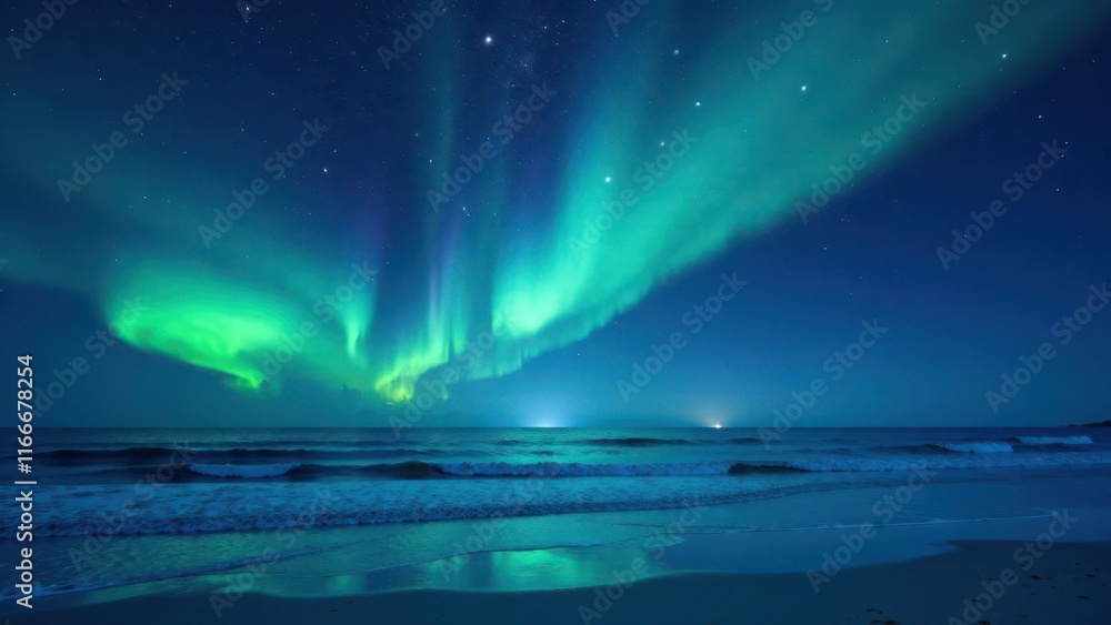 Serene Coastal Night Featuring Vibrant Aurora Borealis Display Above Gently Rolling Ocean Waves Serene Coastal Night Featuring Vibrant Aurora Borealis Display Above Gently Rolling Ocean Waves