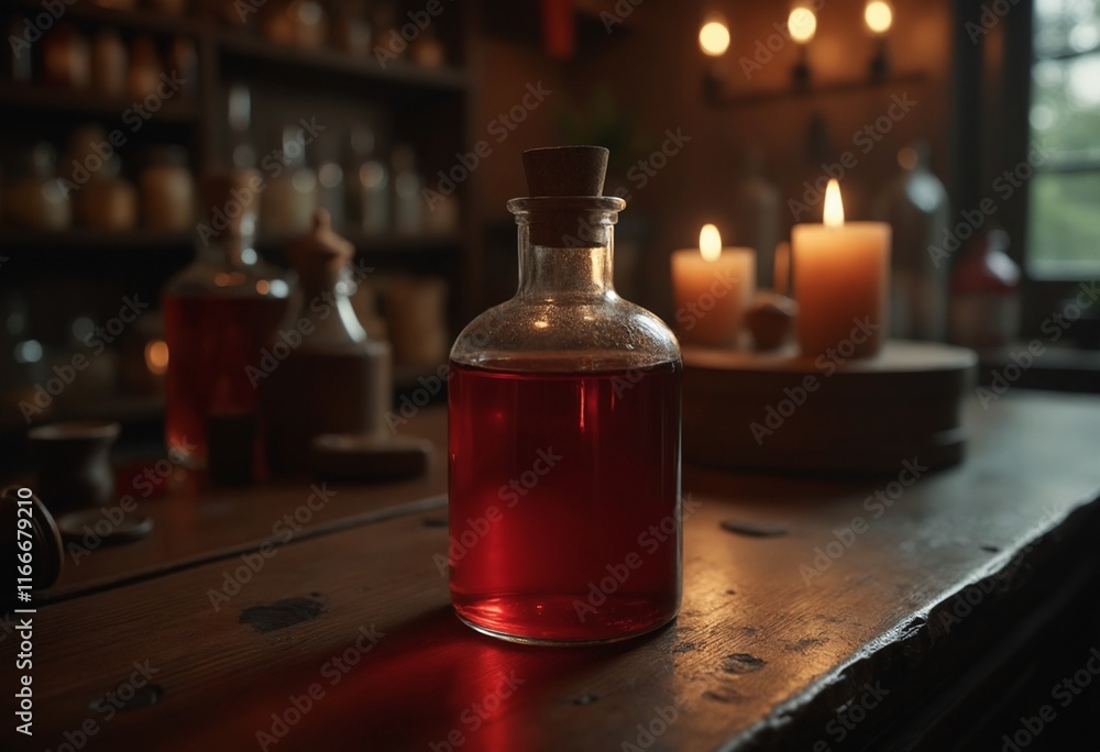 Red health potion on a table in a potion shop - Game concept Red health potion on a table in a potion shop - Game concept
