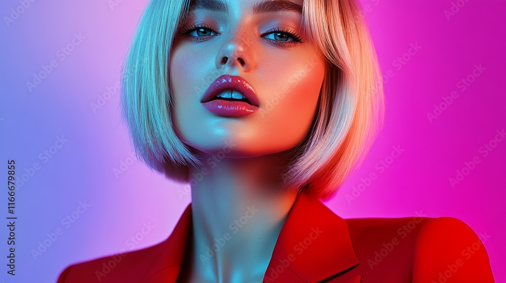 Glamour in Neon Lights: A captivating portrait of a woman with platinum blonde hair, her piercing gaze and bold red lips radiating confidence under the vibrant glow of blue and pink neon lights. Glamour in Neon Lights: A captivating portrait of a woman with platinum blonde hair, her piercing gaze and bold red lips radiating confidence under the vibrant glow of blue and pink neon lights.