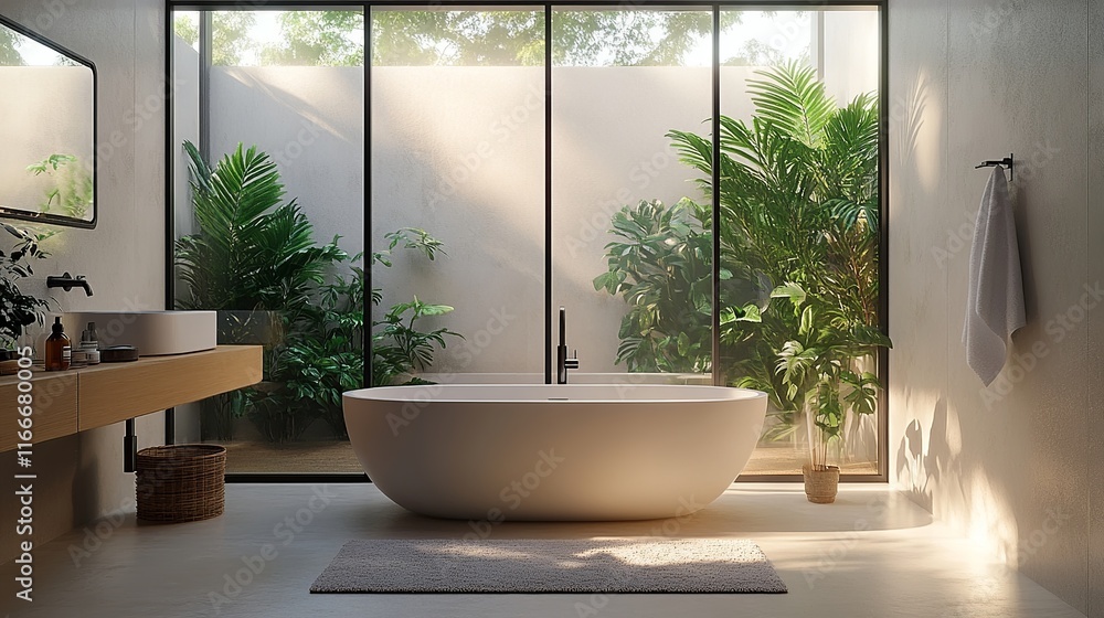 Fototapeta premium Serene Bathroom Oasis: Modern bathroom design with freestanding bathtub, large window showcasing lush greenery, and natural light. Relaxing spa-like atmosphere. 