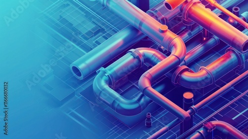 Detailed view of a complex network of vibrant colored pipes tubes and valves in an industrial workshop or factory setting