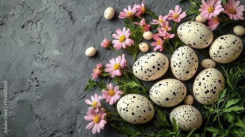 A decorative arrangement of speckled eggs and flowers on a textured gray surface.