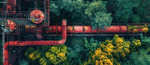 Striking industrial landscape featuring a complex network of vibrant red pipes and tubes against a backdrop of lush green foliage and a cityscape skyline