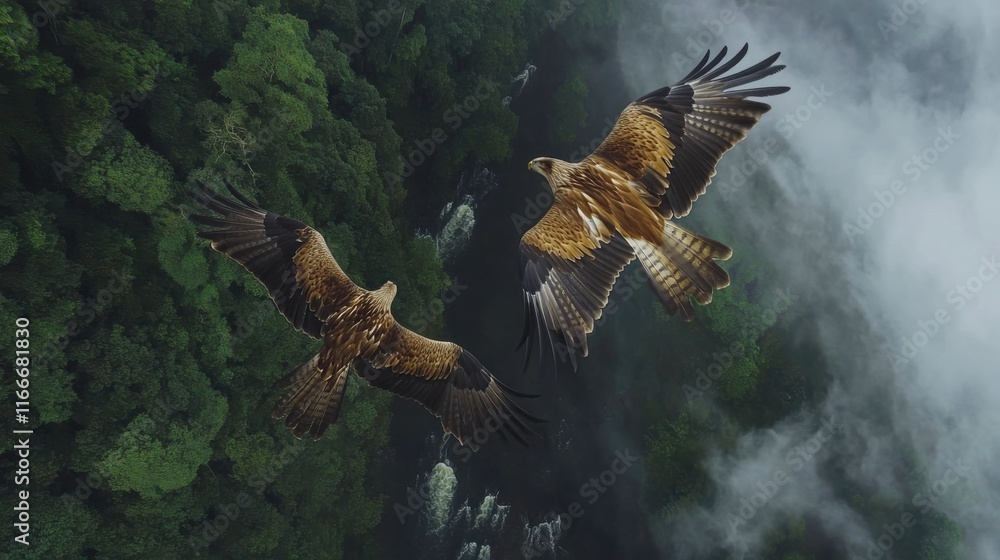 Fototapeta premium Eagles Soaring Above a Misty Jungle Landscape