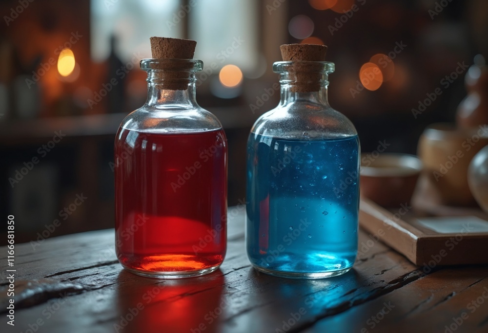 A red health potion and a blue mana potionon on a table in a potion shop - Game concept A red health potion and a blue mana potionon on a table in a potion shop - Game concept