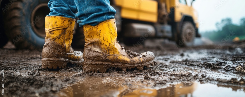 Muddy Boots in Construction Site: A Construction Worker's Boots Covered in Mud and Dirt after Hard Work Muddy Boots in Construction Site: A Construction Worker's Boots Covered in Mud and Dirt after Hard Work