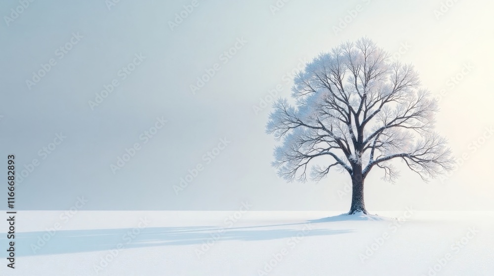 Fototapeta premium Solitary Frost-Covered Tree in a Vast Winter Landscape, a Serene and Peaceful Scene of Nature's Beauty