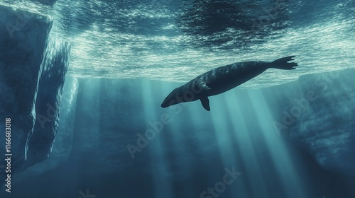 A serene underwater scene featuring a seal swimming gracefully in sunlit waters.