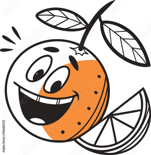 Smiling Orange: A cheerful orange with a wide grin and a slice of orange