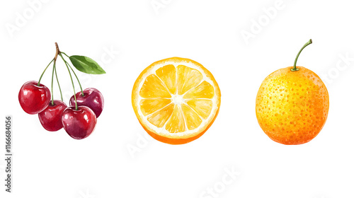 Illustration of a pineapple, orange, and cherry in vibrant colors on a white background, showcasing fresh, tropical fruits in a simple and artistic design, evoking a sense of summer freshness and natu photo